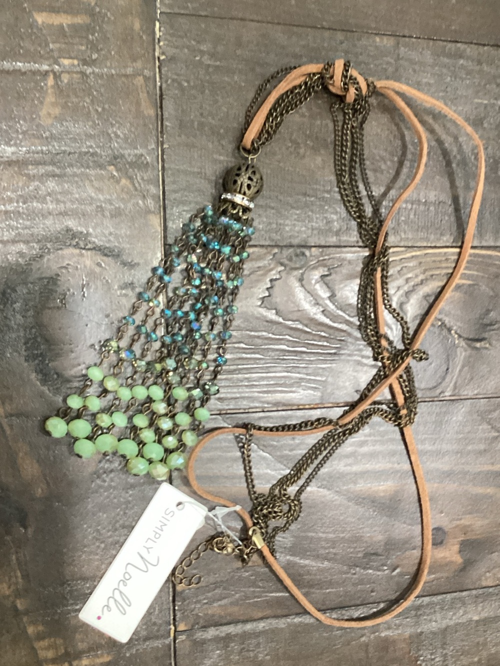 Simply Noelle Mint Green Beaded Tassel Necklace with Antique Gold Chains